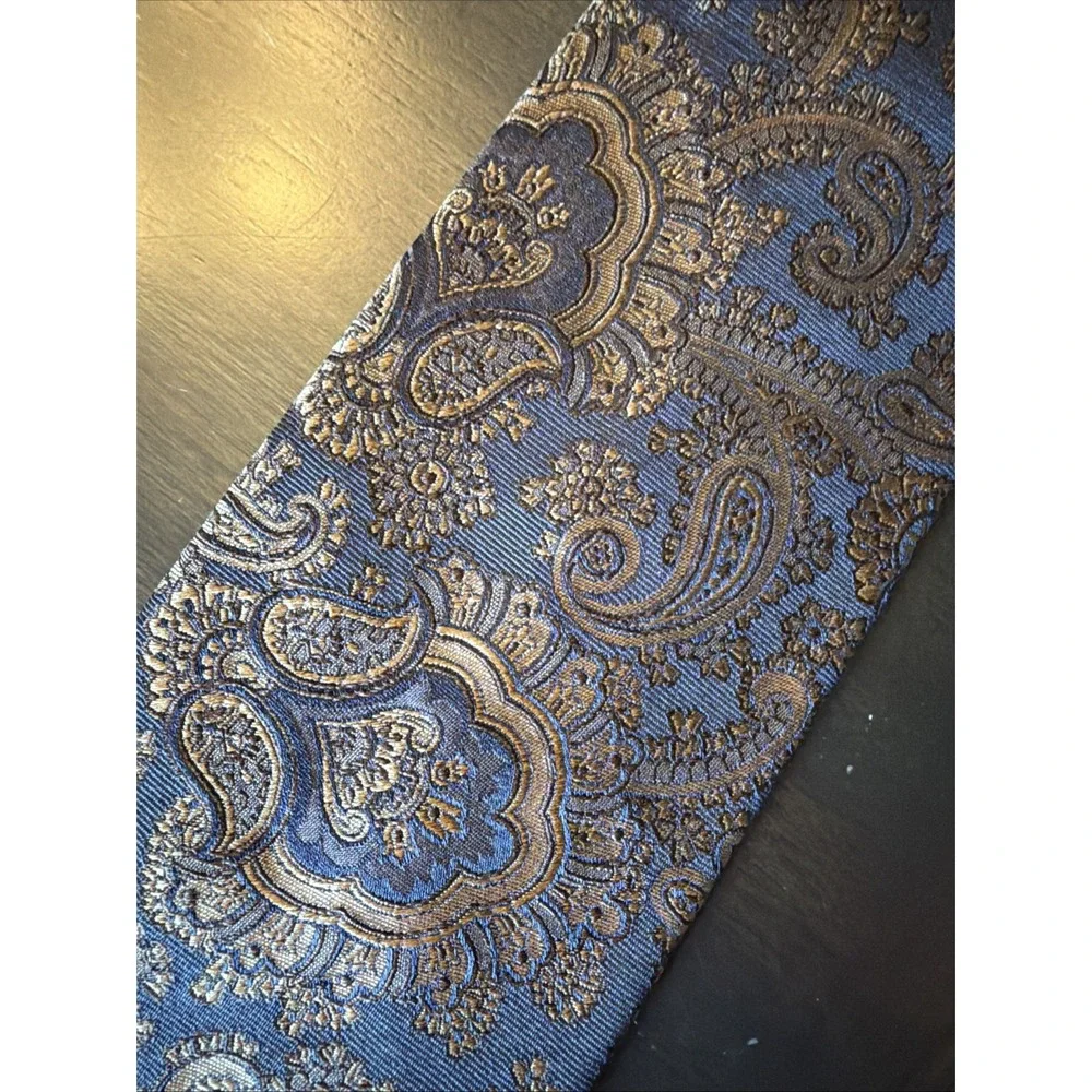 Vintage Faconnable Men's Tie 100% Silk Navy Brown Paisley Hand Made in Italy EUC